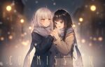  2girls aluce black_hair blue_eyes blurry blurry_background blush character_request closed_mouth coat cold fate/grand_order fate_(series) frown glowing happy holding_hands house jacket jeanne_d&#039;arc_(alter)_(fate) jeanne_d&#039;arc_(fate)_(all) lamp light long_hair looking_at_another looking_down multiple_girls open_mouth scarf shared_scarf shiny shiny_hair short_hair smile standing white_hair winter winter_clothes yellow_eyes 