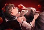  1girl apple black_dress blush bow breasts brown_hair commentary detached_sleeves dress earrings eunyoo food fruit hair_bow highres holding holding_food holding_fruit jewelry large_breasts looking_at_viewer lying on_back original red_eyes short_hair solo 