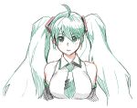  1girl ahoge bare_shoulders blush breasts commentary detached_sleeves green_eyes green_hair green_neckwear hatsune_miku large_breasts long_sleeves looking_at_viewer necktie parted_lips shirt simple_background sketch solo tachibana_roku twintails upper_body vocaloid white_background 