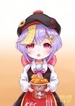  1girl :o absurdres alternate_costume bangs bucket carrying chicken_(food) coin_hair_ornament commentary_request cosplay food genshin_impact gradient gradient_background hair_between_eyes hat highres jiangshi kfc long_hair long_sleeves looking_at_viewer moe_shin_image_residue noelle_(genshin_impact) noelle_(genshin_impact)_(cosplay) official_alternate_costume ofuda purple_hair qiqi_(genshin_impact) sidelocks simple_background solo violet_eyes watermark 