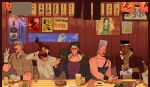  5boys alcohol bar beer_mug black_hair cup drunk hat hat_removed headwear_removed highres indoors iq230230 izakaya jean_pierre_polnareff jojo_no_kimyou_na_bouken joseph_joestar joseph_joestar_(old) kakyoin_noriaki kujo_jotaro long_sleeves male_focus mohammed_avdol mug multiple_boys poster_(object) sake silver_hair single_strap stardust_crusaders 