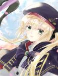  1girl absurdres artoria_pendragon_(caster)_(fate) artoria_pendragon_(fate) asa_(1asa-0-asa1) bangs beret black_gloves blonde_hair blue_cape blue_headwear blue_sky blush breasts buttons cape double-breasted dress fate/grand_order fate_(series) gloves green_eyes hat highres holding holding_staff hood hooded_cape long_hair long_sleeves looking_at_viewer multicolored multicolored_cape multicolored_clothes petals red_cape sky small_breasts smile solo staff twintails white_dress 
