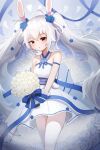  1girl azur_lane blue_flower bouquet breasts bride bunny_hair_ornament dress eyebrows_visible_through_hair flower hair_ornament holding holding_bouquet laffey_(azur_lane) laffey_(white_rabbit&#039;s_oath)_(azur_lane) long_hair looking_at_viewer pantyhose red_eyes short_dress sleeveless sleeveless_dress small_breasts solo twintails very_long_hair wedding_dress white_dress white_flower white_legwear youtiao_zongzi 