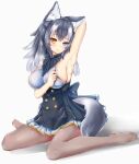 1girl absurdres animal_ears arm_behind_head armpits arms_behind_head arms_up black_hair black_legwear blue_eyes blush breasts eyebrows_visible_through_hair grey_wolf_(kemono_friends) heterochromia highres kemono_friends large_breasts long_hair looking_at_viewer multicolored_hair sideboob simple_background sitting solo tail two-tone_hair white_background white_hair wolf_ears wolf_girl wolf_tail yellow_eyes yeo_arin 