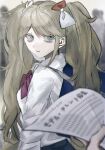  1girl bangs blurry blurry_background bow bunny_hair_ornament collared_shirt commentary_request dangan_ronpa:_trigger_happy_havoc dangan_ronpa_(series) enoshima_junko from_side green_eyes hair_bow hair_ornament holding holding_paper joh_pierrot long_hair long_sleeves looking_at_another looking_at_viewer looking_to_the_side paper shirt solo_focus twintails upper_body white_bow white_shirt 