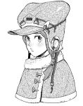  1girl capelet clip_studio_paint_(medium) closed_mouth fur-trimmed_capelet fur_trim greyscale hat looking_at_viewer monochrome original simple_background solo upper_body white_background y_naf 