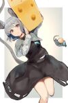  1girl absurdres animal animal_ears black_skirt black_vest blush capelet cheese closed_mouth food grey_capelet grey_hair highres holding holding_food kurowa_(curowa) long_sleeves mouse mouse_ears mouse_tail nazrin red_eyes shirt short_hair skirt skirt_set solo tail touhou vest white_shirt 