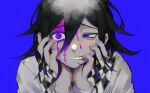  1boy bangs black_hair blood blood_on_face blue_background blue_eyes checkered checkered_neckwear checkered_scarf commentary_request dangan_ronpa_(series) dangan_ronpa_v3:_killing_harmony face grey_jacket grin hair_between_eyes hands_on_own_cheeks hands_on_own_face jacket joh_pierrot long_sleeves looking_at_viewer male_focus messy_hair ouma_kokichi pink_blood scarf shiny shiny_hair signature simple_background smile solo teeth upper_body violet_eyes 