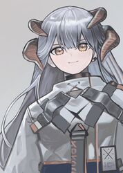  1girl arknights black_choker chest_strap choker closed_mouth commentary_request dragon_horns ear_clip grey_background highres horns id_card long_hair looking_at_viewer orange_eyes saria_(arknights) shirt silver_hair simple_background smile solo upper_body wanko_(realsight) white_shirt 