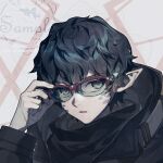  1boy aluce artist_name black_hair coat glasses green_eyes hand_on_own_face headshot holding holding_eyewear looking_at_viewer open_mouth original pale_skin pointy_ears sample serious shiny shiny_hair short_hair signature simple_background slit_pupils solo standing sunglasses watermark 