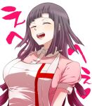  1girl :d apron bandages bangs black_hair closed_eyes collared_shirt commentary_request danganronpa_(series) danganronpa_2:_goodbye_despair dosugon long_hair mole mole_under_eye pink_shirt shiny shiny_hair shirt short_sleeves simple_background smile teeth tsumiki_mikan upper_body upper_teeth white_apron white_background 