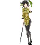  1girl asa_(1asa-0-asa1) bangs black_hair black_legwear breasts bun_cover china_dress chinese_clothes double_bun dress fate/grand_order fate_(series) floral_print full_body green_dress green_eyes green_ribbon hair_ribbon high_heels highres large_breasts long_sleeves looking_at_viewer pantyhose polearm qin_liangyu_(fate) ribbon sidelocks spear weapon 