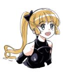  1girl :d bare_shoulders black_bow blonde_hair blue_eyes bow clothing_cutout copyright_request hair_bow open_mouth ponytail round_teeth shoulder_cutout simple_background smile solo tachibana_roku teeth upper_body upper_teeth white_background 