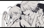  1boy 1girl @_@ ahoge artoria_pendragon_(caster)_(fate) artoria_pendragon_(fate) bangs blush breasts cloak dancing diamond_hairband dress dress_shirt fate/grand_order fate_(series) greyscale holding_hands long_hair looking_to_the_side monochrome oberon_(fate) open_mouth shirt short_hair sleeveless sleeveless_dress small_breasts twintails vivi_(eve_no_hakoniwa) 