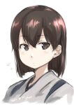  1girl absurdres alternate_hair_length alternate_hairstyle artist_logo black_eyes black_hair dated expressionless fyuo highres japanese_clothes kaga_(kancolle) kantai_collection looking_at_viewer short_hair simple_background solo tasuki upper_body white_background 