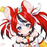  1girl animal_ear_fluff animal_ears bare_shoulders black_collar black_hair blue_eyes blush cheese collar dice_hair_ornament food hair_ornament hakos_baelz highres hololive hololive_english instagram_username looking_at_viewer mouse mouse_ears mouse_girl mousetrap multicolored_hair off-shoulder_shirt off_shoulder redhead ri_nyahn shirt smile spiked_collar spikes twintails twitter_username white_hair white_shirt 