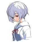  1girl ayanami_rei closed_mouth looking_down neck_ribbon neon_genesis_evangelion purple_hair red_eyes red_neckwear red_ribbon ribbon shirt short_hair simple_background solo tachibana_roku upper_body white_background white_shirt 