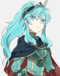 1girl aqua_hair armor blue_eyes blue_hair breastplate cape cosplay earrings eirika_(fire_emblem) eirika_(pledged_restorer)_(fire_emblem) ephraim_(fire_emblem) ephraim_(fire_emblem)_(cosplay) fingerless_gloves fire_emblem fire_emblem:_the_sacred_stones fire_emblem_heroes gloves jewelry long_hair looking_at_viewer menoko simple_background solo weapon