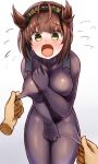  1girl absurdres blush bodysuit breasts brown_hair clothes_grab crying crying_with_eyes_open disembodied_limb flying_sweatdrops gradient gradient_background green_eyes hairband hatsuzuki_(kancolle) highres impossible_bodysuit impossible_clothes kantai_collection medium_breasts okitsugu open_mouth skin_tight solo tears two_side_up 