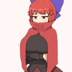  1girl black_shirt blue_bow blush bow breasts camp_of_hunger cape cloak commentary crossed_arms hair_bow high_collar huge_breasts long_sleeves miniskirt red_cape red_cloak red_eyes red_skirt redhead sekibanki shirt short_hair skirt solo sweatdrop touhou 