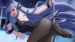 1girl absurdly_long_hair absurdres animal_ears arm_strap ass azur_lane barefoot between_buttocks black_legwear black_leotard blush bodystocking fake_animal_ears from_side highres lemon_kele leotard long_hair looking_at_viewer looking_to_the_side nail_polish new_jersey_(azur_lane) new_jersey_(exhilarating_steps!)_(azur_lane) no_shoes official_alternate_costume oversized_breast_cup playboy_bunny pole pole_dancing purple_hair rabbit_ears skin_tight soles solo strapless strapless_leotard stripper_pole toes very_long_hair violet_eyes 