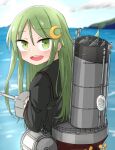  1girl adapted_turret black_serafuku blue_sky blurry cannon clouds commentary_request crescent crescent_hair_ornament day depth_of_field green_eyes green_hair hair_ornament highres horizon kantai_collection long_hair machinery mountain nagatsuki_(kancolle) ocean open_mouth outdoors po0000000000 round_teeth school_uniform serafuku sky smokestack solo teeth turret upper_body upper_teeth 