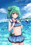 1girl :d bangs beach blue_sky blue_swimsuit blunt_bangs bow breasts clouds cloudy_sky collarbone commentary_request double_bun eyebrows_visible_through_hair frilled_skirt frills green_hair hair_bow hair_ribbon hololive horizon looking_at_viewer m_ko_(maxft2) midriff navel ocean open_mouth pleated_skirt red_eyes ribbon short_hair sidelocks skirt sky small_breasts smile solo swimsuit thighs uruha_rushia virtual_youtuber water_drop wet wet_clothes wet_swimsuit 