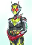  1girl antennae armor belt blue_background breasts hands_together highres humagear_headphones huujyu is_(kamen_rider_01) kamen_rider kamen_rider_01_(series) kamen_rider_zero-two mask own_hands_together red_eyes rider_belt signature solo 