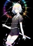  1other absurdres androgynous belt black_background black_hair black_neckwear character_name commentary diamond_(houseki_no_kuni) elbow_gloves english_commentary english_text engrish_commentary gem_uniform_(houseki_no_kuni) gloves highres houseki_no_kuni looking_at_viewer multicolored multicolored_hair necktie rainbow_hair sheath sheathed shirt short_hair short_sleeves shorts simple_background smile solo sparkle sumery thigh-highs white_gloves white_legwear 