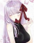  1girl asa_(1asa-0-asa1) bangs bb_(fate) black_shirt blush breasts fate/extra fate/extra_ccc fate_(series) hair_ribbon highres large_breasts long_hair looking_at_viewer mouth_hold one_eye_closed purple_hair red_ribbon ribbon shirt sleeveless sleeveless_shirt smile very_long_hair violet_eyes 