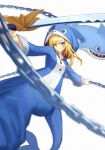  1girl :i animal_costume bangs blonde_hair chain closed_mouth eyebrows_visible_through_hair fish_tail grand_admiral_marina green_eyes guardian_tales highres holding holding_weapon katana looking_at_viewer official_alternate_costume shark_costume shark_tail soeyumi swept_bangs sword tail weapon white_background 