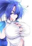  1girl ? annes_(g_(genesis1556)) bangs belly blue_eyes blue_hair breasts bursting_breasts button_gap cleavage closed_mouth dragon_girl eyebrows eyelashes eyepatch g_(genesis1556) hair_between_eyes highres huge_breasts large_breasts long_hair looking_down monster_girl original ponytail shirt simple_background solo upper_body white_background white_shirt 