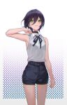  1girl black_hair blush chainsaw_man green_eyes lips looking_at_viewer necktie open_mouth pagye reze_(chainsaw_man) shiny shiny_hair shiny_skin short_hair shorts simple_background smile solo standing white_background 
