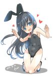  1girl absurdres animal_ears artist_name asashio_(kancolle) black_hair black_leotard blue_eyes breasts dated fake_animal_ears full_body fyuo head_tilt highres kantai_collection kneeling leotard long_hair looking_at_viewer neck_ribbon playboy_bunny rabbit_ears red_ribbon ribbon simple_background small_breasts smile solo strapless strapless_leotard white_background 