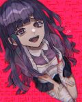 1girl :d apron bandaged_arm bandaged_leg bandages bangs black_skirt blush breasts commentary_request dangan_ronpa_(series) dangan_ronpa_2:_goodbye_despair eyebrows_visible_through_hair from_above heart heart-shaped_pupils joh_pierrot large_breasts long_hair looking_at_viewer looking_up medium_breasts miniskirt mole mole_under_eye nurse open_mouth puffy_short_sleeves puffy_sleeves purple_hair red_background shiny shiny_hair short_sleeves skirt smile solo symbol-shaped_pupils tsumiki_mikan upper_teeth violet_eyes 