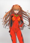  1girl blue_eyes breasts fadingz gradient gradient_background grey_background hand_on_hip highres long_hair looking_at_viewer medium_breasts neon_genesis_evangelion open_mouth orange_hair pixiv_id plugsuit shadow signature smile solo souryuu_asuka_langley 