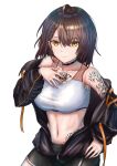  1girl 3kneko ahoge arm_tattoo azur_lane baltimore_(azur_lane) baltimore_(black_ace)_(azur_lane) bangs bare_shoulders black_choker black_jacket black_shorts braid breasts brown_hair chest_tattoo choker closed_mouth collarbone commentary cowboy_shot eyebrows_visible_through_hair flower_tattoo french_braid hair_between_eyes hand_on_hip hand_on_own_chest jacket large_breasts looking_at_viewer midriff navel off_shoulder partially_unzipped short_hair short_shorts shorts sidelocks simple_background smile solo sports_bra standing stomach_tattoo tattoo taut_clothes white_background white_sports_bra yellow_eyes 