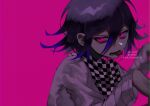  1boy bangs black_hair checkered checkered_neckwear checkered_scarf commentary_request dangan_ronpa_(series) dangan_ronpa_v3:_killing_harmony grey_jacket hair_between_eyes hands_up jacket joh_pierrot long_sleeves looking_at_viewer lower_teeth male_focus open_mouth ouma_kokichi pink_background pink_eyes purple_hair scarf shiny shiny_hair simple_background solo teeth tongue tongue_out twitter_username upper_body violet_eyes 