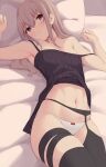  1girl absurdres act_(xadachit) armpits arms_up bangs bare_arms bare_shoulders bed bed_sheet black_legwear blue_eyes bow bow_panties breasts camisole clenched_hands collarbone commentary garter_belt garter_straps girls_frontline hair_over_shoulder head_tilt highres legs_together long_hair looking_at_viewer lying midriff multicolored_hair navel off_shoulder on_back on_bed panties pillow pink_hair purple_hair sidelocks small_breasts solo st_ar-15_(girls_frontline) streaked_hair thigh-highs thigh_strap underwear white_panties 