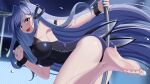  1girl absurdly_long_hair absurdres animal_ears arm_strap ass azur_lane barefoot between_buttocks black_leotard blush bodystocking fake_animal_ears from_side highres lemon_kele leotard long_hair looking_at_viewer looking_to_the_side nail_polish new_jersey_(azur_lane) new_jersey_(exhilarating_steps!)_(azur_lane) official_alternate_costume oversized_breast_cup playboy_bunny pole pole_dancing purple_hair rabbit_ears skin_tight soles solo strapless strapless_leotard stripper_pole toenail_polish toenails toes very_long_hair violet_eyes 