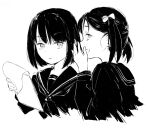  2girls :d bangs black_hair black_neckwear black_sailor_collar black_serafuku bob_cut bow commentary cropped_torso greyscale hair_bow holding holding_notepad krita_(medium) long_sleeves looking_at_viewer looking_to_the_side monochrome multiple_girls notepad open_mouth original parted_lips portrait sailor_collar school_uniform serafuku short_hair short_twintails simple_background smile tomato_(potato) twintails whispering white_background 