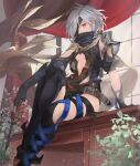  1girl armor asymmetrical_legwear belt black_gloves boots brown_eyes center_opening commentary curtains dagger desk detached_sleeves eyepatch feet_out_of_frame fingerless_gloves gloves granblue_fantasy grey_hair holding holding_dagger holding_weapon indoors knife looking_at_viewer mismatched_legwear on_desk plant puffy_short_sleeves puffy_sleeves short_hair short_sleeves shoulder_armor sitting sitting_on_desk solo taba_comya tanya_(granblue_fantasy) weapon window 