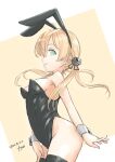  1girl absurdres alternate_costume anchor_hair_ornament animal_ears aqua_eyes black_legwear blonde_hair breasts cowboy_shot dated fyuo hair_ornament highres kantai_collection long_hair looking_at_viewer one-hour_drawing_challenge playboy_bunny prinz_eugen_(kancolle) rabbit_ears rabbit_tail small_breasts solo tail thigh-highs tongue tongue_out twintails twitter_username wrist_cuffs 