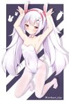  1girl animal_ears armpits arms_up azur_lane bangs bare_arms blush bow bowtie breasts bunny_hair_ornament bunny_pose commentary covered_navel detached_collar eyebrows_visible_through_hair fake_animal_ears full_body hair_ornament hairband highres irokari kneeling laffey_(azur_lane) leotard long_hair looking_at_viewer no_shoes pantyhose parted_lips playboy_bunny rabbit_ears red_eyes red_hairband small_breasts solo strapless strapless_leotard twintails very_long_hair white_bow white_hair white_legwear white_leotard white_neckwear 