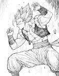  1boy closed_mouth commentary dragon_ball dragon_ball_z english_commentary feet_out_of_frame from_side gogeta hands_up highres legs_apart male_focus muscular muscular_male pants profile sash smile solo standing wristband y_naf 