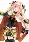  1boy asa_(1asa-0-asa1) astolfo_(fate) bangs black_dress black_legwear blush bow braid braided_ponytail cape dress fate/apocrypha fate_(series) faulds gauntlets hair_bow hair_intakes long_hair looking_at_viewer multicolored_hair one_eye_closed open_mouth otoko_no_ko pink_hair smile solo streaked_hair violet_eyes white_cape white_hair 