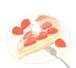  bear cake cake_slice chai food food_focus fork fruit no_humans original partially_submerged plate polar_bear simple_background strawberry white_background 