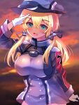  1girl aqua_eyes blonde_hair blush breasts cowboy_shot eyebrows_visible_through_hair gloves grey_headwear hair_between_eyes hat highres kantai_collection large_breasts long_hair long_sleeves low_twintails military military_uniform o-sirius open_mouth peaked_cap prinz_eugen_(kancolle) smile solo twintails uniform white_gloves 