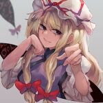  1girl bangs blonde_hair blurry blurry_background bow breasts closed_mouth commentary_request depth_of_field eyebrows_visible_through_hair fe_(tetsu) fingernails foreshortening gap_(touhou) grey_background hair_bow hair_ribbon hand_on_own_chin hat hat_ribbon juliet_sleeves large_breasts long_hair long_sleeves looking_at_viewer mob_cap perspective puffy_sleeves red_bow red_ribbon ribbon sidelocks simple_background smile solo tabard touhou tress_ribbon upper_body violet_eyes white_headwear yakumo_yukari 