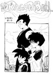  1girl 2boys child closed_mouth commentary copyright_name crossed_arms dragon_ball dragon_ball_z english_commentary fingerless_gloves gloves greyscale grin height_difference monochrome multiple_boys profile shirt short_sleeves sketch smile son_gohan son_goten vest videl y_naf 